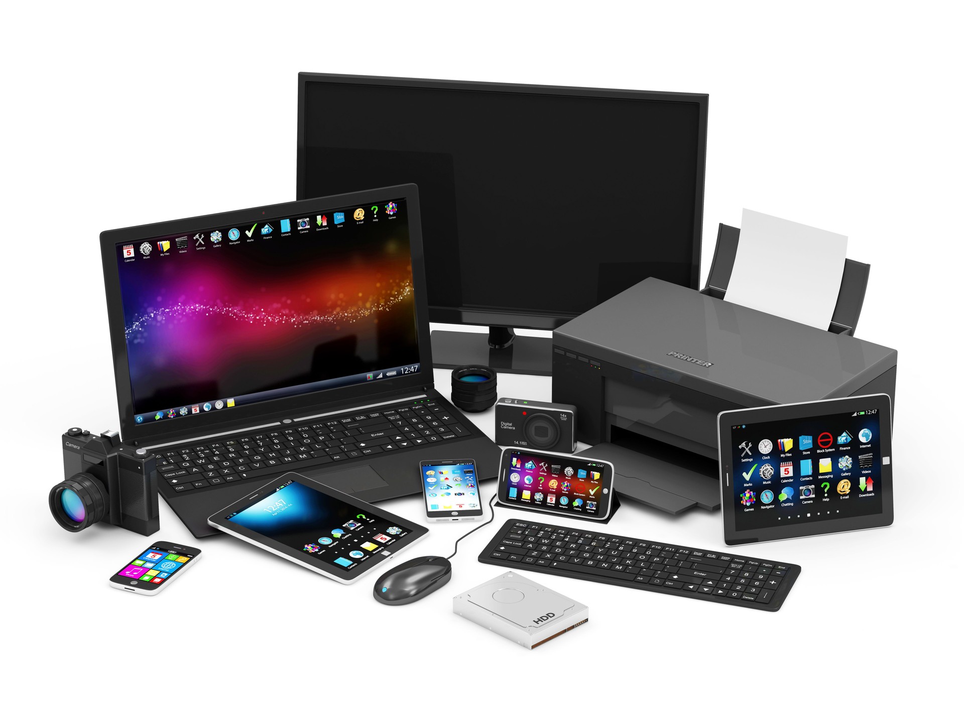 Group of Office Equipment. Laptop, Monitor, Tablet PC, Smart Phone
